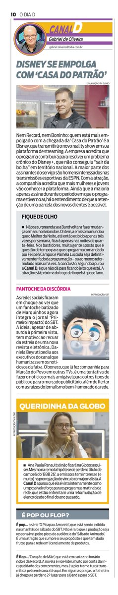 RickSouza's tweet photo. Canal D de hoje, no @jornalodia

- Disney se empolga com Casa do Patrão
- Melhor da Noite entra para o paredão da Band
- Globo quer Ana Paula Renault em programas matinais https://t.co/BjHTLeqXpj