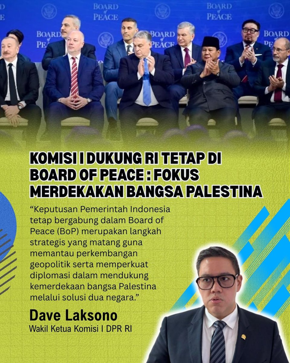 Keikutsertaan Indonesia dalam Board of Peace menjadi langkah strategis untuk memperkuat diplomasi perdamaian dunia.

#IndonesiaBersamaPalestina #SavePalestine #BoP #BukanNormalisasi #DiplomasiDamai