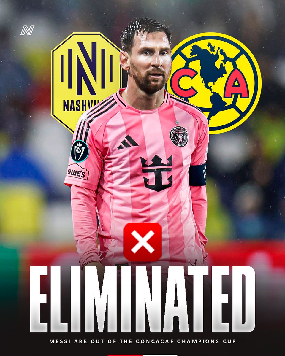 NextMexOficial's tweet photo. 🇺🇲🚨 INTER MIAMI ELIMINATED!

❌Inter Miami has been knocked out of the Concacaf Champions Cup after losing to Nashville.

This means we won’t get to see Messi at the Azteca Stadium against América 🇲🇽

😤 We miss out on something historic: seeing Cristiano Ronaldo and Messi playing in Mexico