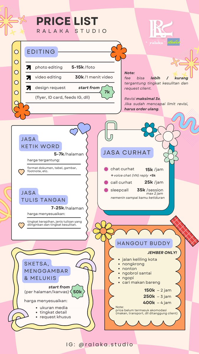 ravenswork's tweet photo. hi guyss! kita rebrand jadi ralaka nichhh.. OMG thanks ya guys udah nemenin aku dari awal buka jasa 🥺🤍 finally skrng bisa juga nih ketemu offline! tapii jember only yaaw 🤗
#jasacurhat #jasaediting #temeninjalan #jasaketik #jasatulistangan #jasasketsa #jasagambar https://t.co/sJsCHaEjhr
