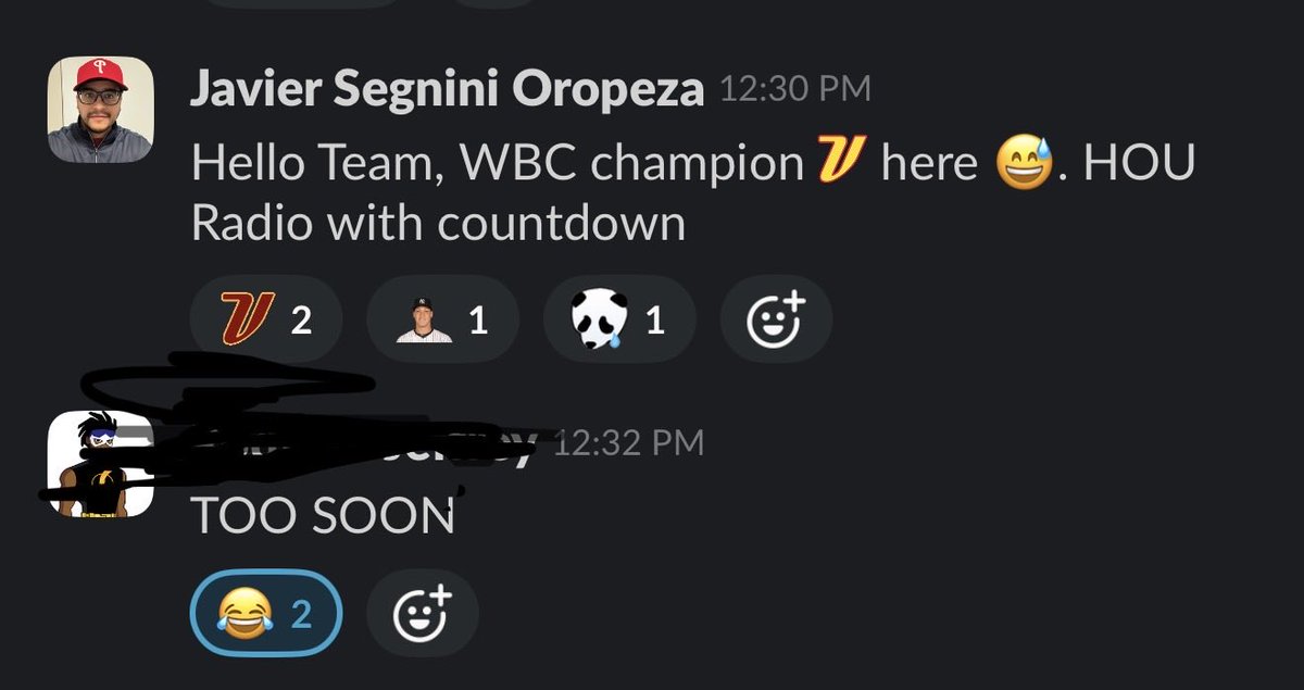 javitex's tweet photo. @Cafejr40 Campeón del mundo es campeón del mundo, hasta en el chat de MLB 😂 https://t.co/gUqmeetEoZ