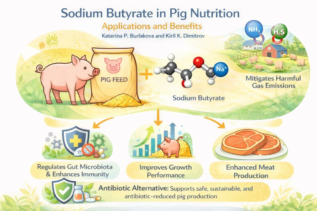 AgricultureMdpi's tweet photo. 🚀Newly Published Paper in #AgricultureMdpi
🐖Sodium Butyrate in #Pig Nutrition: Applications and Benefits
by Katerina P. Burlakova et al.
🔗Read more: https://t.co/Wiz8QwCUFm
#sodiumbutyrate #nutrition #feedadditive #guthealth #growth #performance #antibiotic #alternatives https://t.co/pSPZyRsFEO