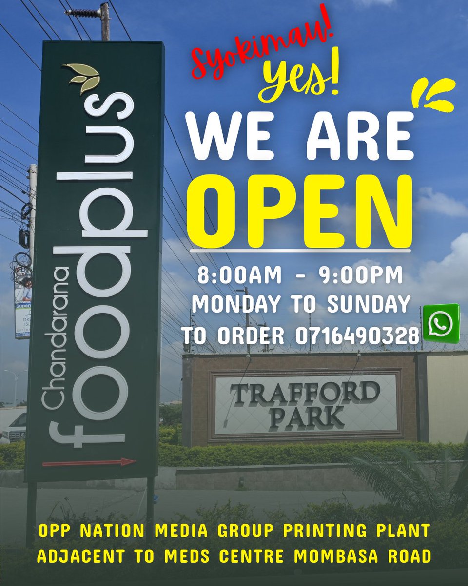 ChandaranaSuper's tweet photo. You asked, we delivered—bigger and better! Trafford Park Syokimau is officially your new one-stop shop on Mombasa Road. Come experience a more friendly way to shop. Tag your foodie partner and let’s make it a date! 🥂🛒#Syokimau #MombasaRoad #Mlolongo #Kitengela #SGRKenya #Katani https://t.co/ALyEUjd1rr