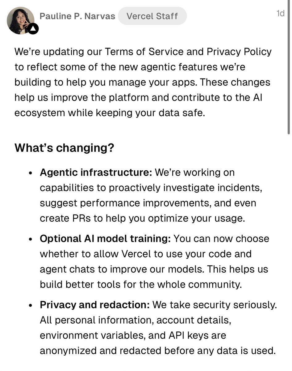 Hi PSA

Vercel Hobby (including Trial Pro) accounts are opted in for AI model training by default, unless you explicitly opt out before March 31st

Pro (paid) accounts are opted out by default