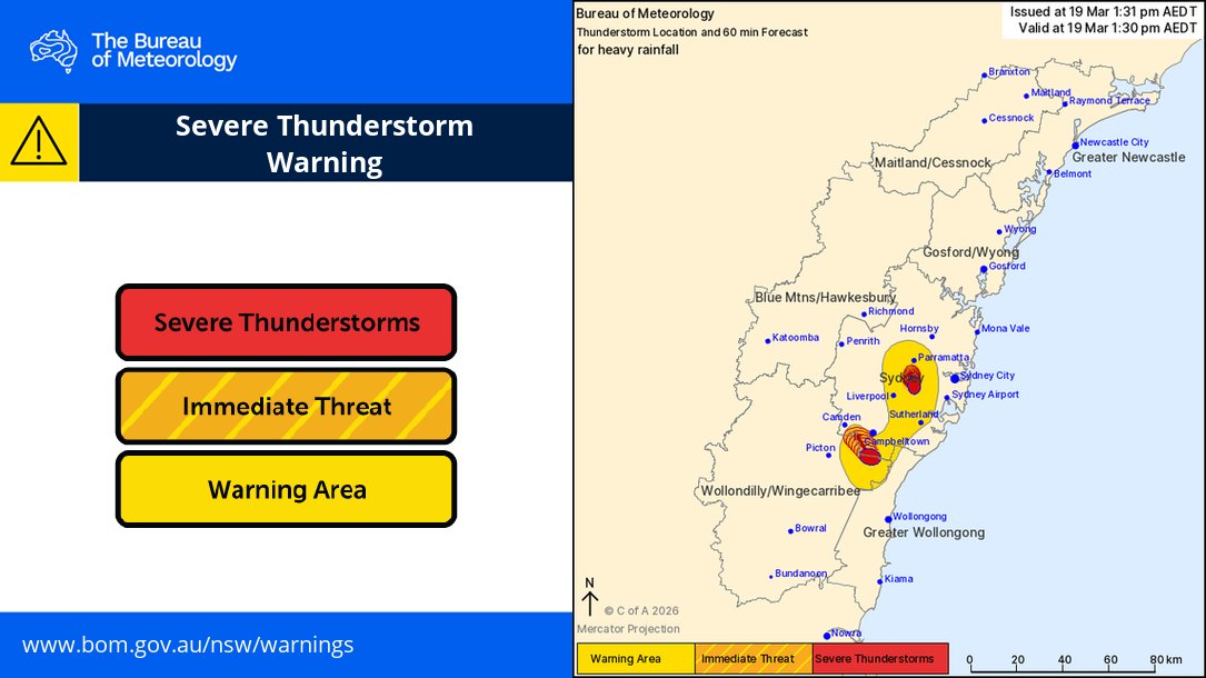 BOM_NSW's tweet photo. ⛈️ 1:31pm: Detailed Severe Thunderstorm Warning for HEAVY RAINFALL
parts of #Sydney and #Wollondilly / #Wingecarribee areas.
These thunderstorms are slow moving. They are forecast to affect #Auburn, #Menangle and #Guildford by 2:00 pm.
Details: https://t.co/3a1YcqXSv3 https://t.co/uP6hNUPI9c