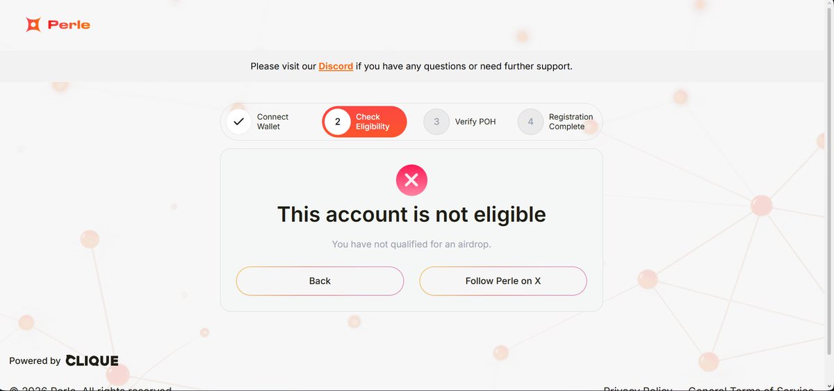 da_darkvoid's tweet photo. Perle Labs Airdrop Eligibility Shock 
Many of Us Got This Screen Today 😔
Just connected my wallet after grinding tasks, CAPTCHA rounds, points farming for weeks… and got this ⤵️

A lot of people in the community are seeing the exact same message right now  even people with high points and consistent activity. 
We were told points + tasks would lead to eligibility, but apparently not.
-@PerleLabs — can the team please clarify what the actual qualification criteria were? 
-Was it hidden thresholds or something else? 
-Transparency would help a lot right now.
NFA, DYOR. Just sharing what thousands are experiencing today.
If you also got the not eligible screen
reply with your story below . 
Let's see how widespread this is.