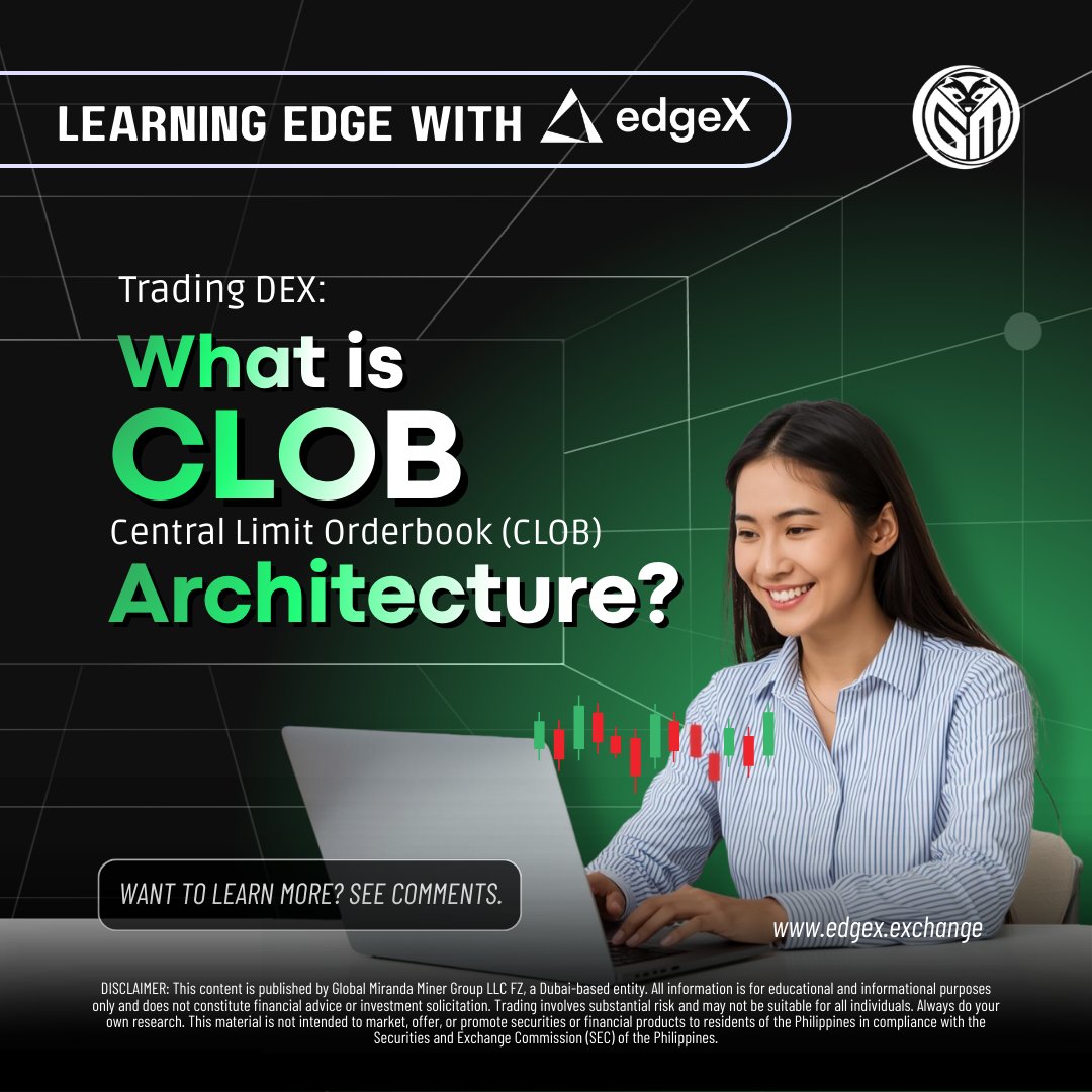 gmmg_official's tweet image. Learn DeX with @edgeX_exchange 

What is #CLOB? A Central Limit Orderbook (CLOB) matches buy/sell orders by price priority. In #DeX markets, it reduces slippage and delivers precise execution like centralized finance.

To learn more about it, see link: bit.ly/learnmorewith_…