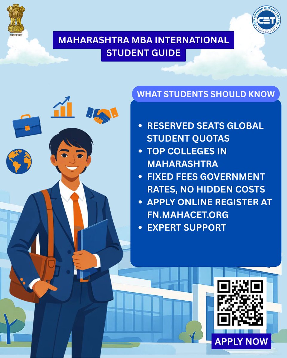 study_in_maha's tweet image. If you are planning to do MBA in India, Maharashtra is one of the strongest options for international students.

Dedicated seats for NRI, OCI, CIWGC, &amp;amp; Foreign Nationals in Pune &amp;amp; Mumbai. 

100% online at fn.mahacet.org

#StudyInMaharashtra #StateCetCell #Mahacet #India