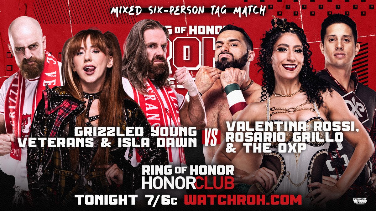 ringofhonor's tweet photo. Mixed six-person tag action heats up as the GYV and @RealIslaDawn take on @TheOXP13, Rosario Grillo, and @MafiosaRossi!

📺 Watch ROH TV on #HonorClub at https://t.co/8dcdtxr3sN 7/6c https://t.co/FpjyaNTFxh