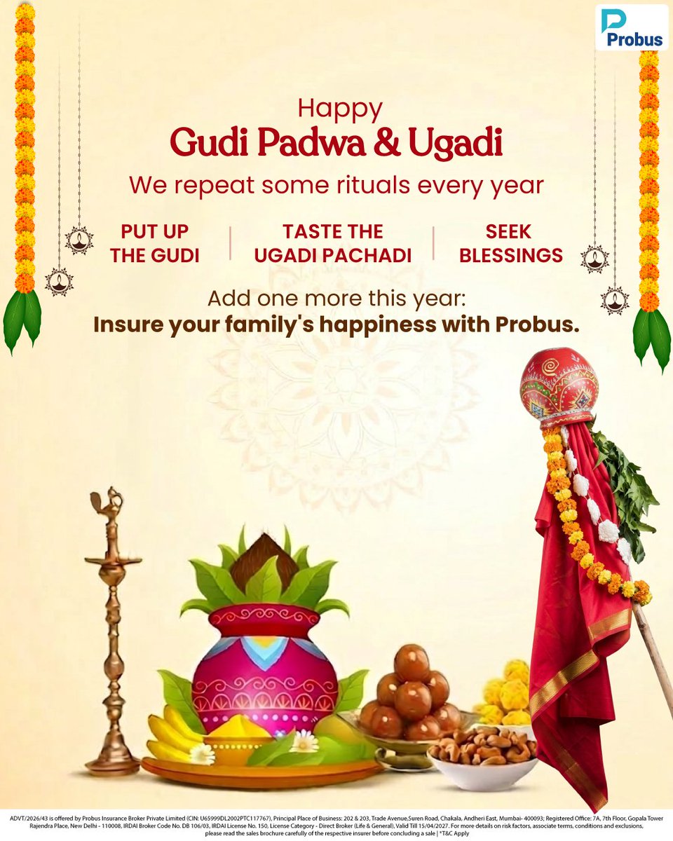 ProbusInsurance's tweet image. Festivals remind us what truly matters..
family, happiness, and togetherness.

This year, don’t just celebrate it…
make sure it’s always taken care of.

Happy Gudi Padwa &amp;amp; Ugadi from Team Probus.

#GudiPadwa #Ugadi #WithProbus #Insurance