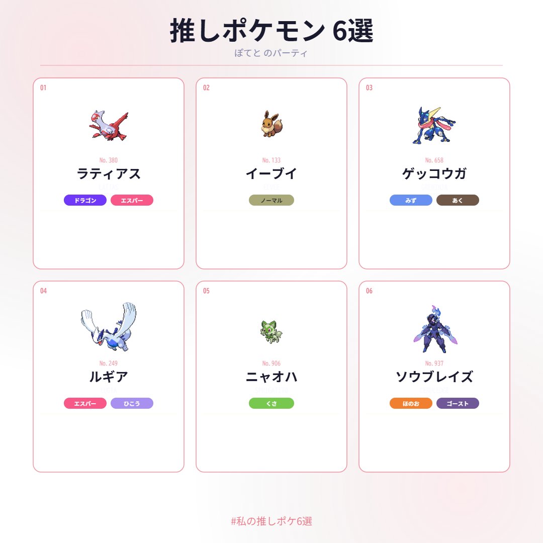 shokoike1's tweet photo. 推しポケモン6選 🎮✨
ラティアス・イーブイ・ゲッコウガ・ルギア・ニャオハ・ソウブレイズ
#私の推しポケ6選 #ポケモン https://t.co/vksw4asAaR https://t.co/COyqy6MTNm