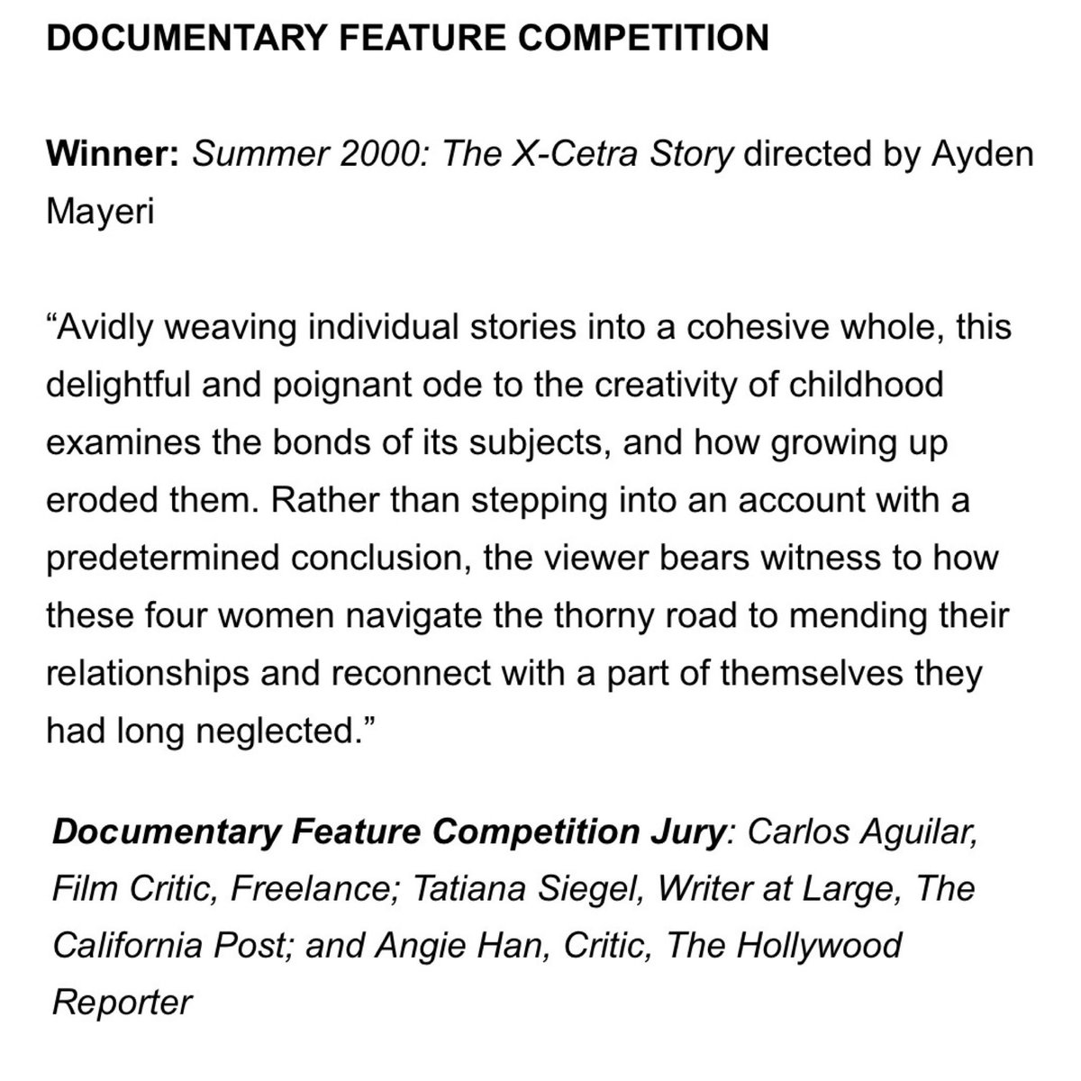 Carlos_Film's tweet photo. Really pleased with our SXSW winners in the Documentary Feature competition. 

My fellow jurors and I chose the moving and delightful SUMMER 2000: THE X-CETRA STORY by Ayden Mayeri as our Jury Award Winner. And THE LAST CRITIC and STORMBOUND for Special Jury Awards. https://t.co/1xTAD0bzXW