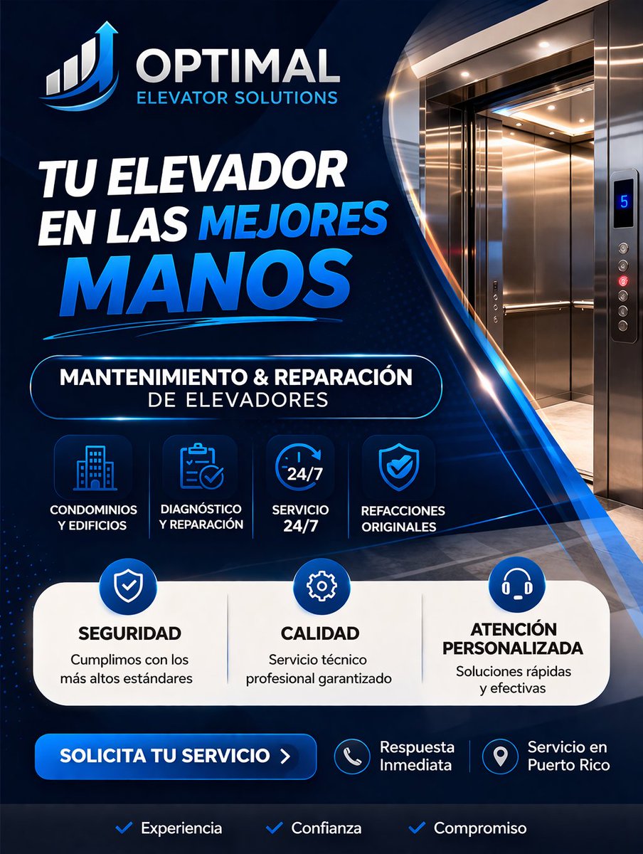 Optimalelevator's tweet photo. Optimal Elevator Solutions | Mantenimiento, reparación y modernización de elevadores en Puerto Rico | Servicio para condominios y edificios comerciales | Tel/WhatsApp 787-226-3467 #optimalelevatorsolutions
#sanjuan #carolina #hatorey #condadopr #puertorico https://t.co/BnycACv69P
