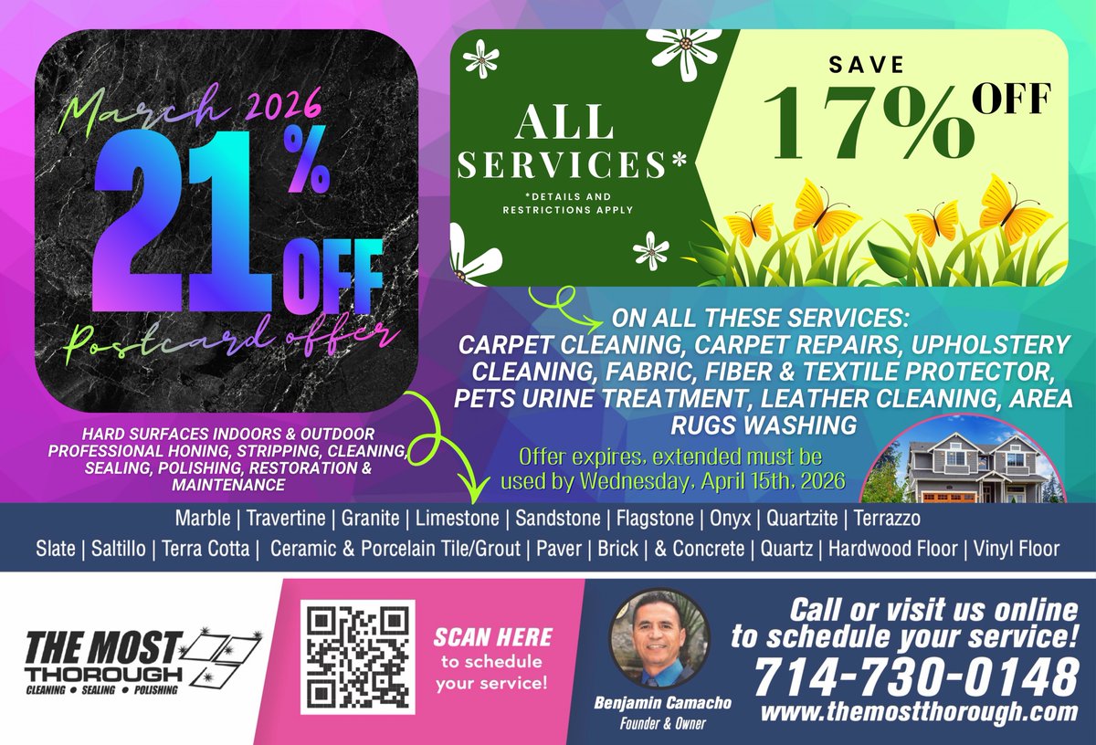 BenCamacho's tweet photo. Enjoy an exclusive 21% OFF and also a 17th% OFF discounts on your next service!
Perfect time to grab your favorites and save big. Offer expires, extended must be used by Wednesday 04-15-26
CALL 714-730-0148 TODAY
“5 Reasons To Choose THE MOST THOROUGH” https://t.co/Durq17Byrk https://t.co/rG1lYt0Wrj