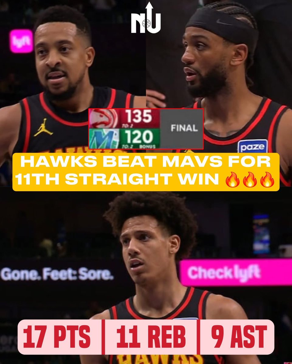 The Atlanta Hawks just beat the Dallas Mavericks, 135-120, and are now on a 11-game winning streak! 🔥🔥

McCollum: 24 Pts, 7 Ast, 2 Stl
Alexander-Walker: 22 Pts, 2 Ast, 2 Stl
Daniels: 19 Pts, 6 Reb, 4 Ast
Johnson: 17 Pts, 11 Reb, 9 Ast
Kuminga: 16 Pts, 5 Reb, 3 Ast
