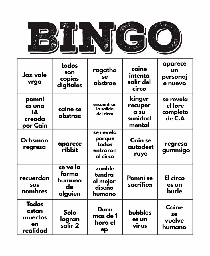 En el ASMP hicimos un Bingo de Digital Circus todo chafa a ver cual le atinamos.

En colab con:
<a href="/SenorSable/">Señor Sable</a> <a href="/AbyssDemon_/">AbyssDemon_</a> <a href="/pando_p_/">Pando p</a> <a href="/Nygz_Art/">Nygz</a>