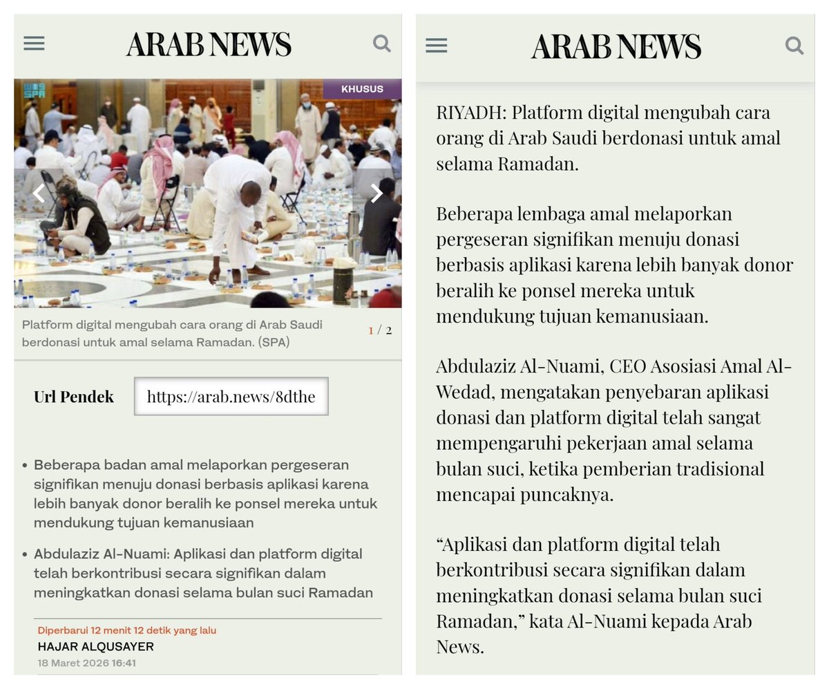 pola amal donasi dengan menggunakan platform digital juga berkembang di Arab Saudi - liputan Arab News..