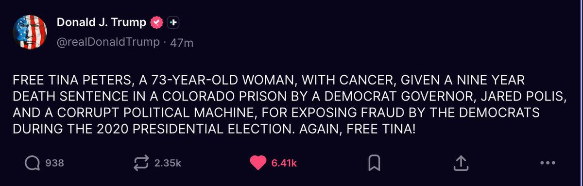 <a href="/realtinapeters/">Tina Peters🇺🇸 Whistleblower of fallen Navy SEAL</a> <a href="/wtpbn1/">WTPBN 🇺🇸 ✝ 📚 🏝️ 🏜️</a> Free Tina Peters NOW‼️‼️‼️
