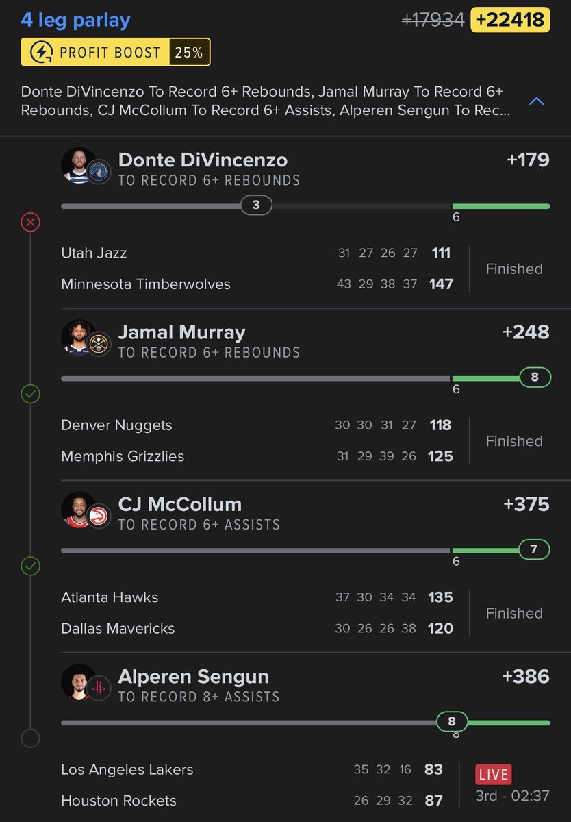 Peep how the lowest odds cost me…

Higher odds > 

Made the same play w/ AR for 6 dimes.

Donte costed both… 😭