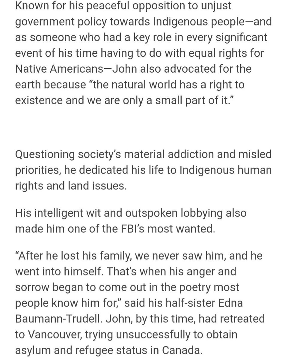 Bdonna456290's tweet image. John Trudell was a Native American who Peter Matthiessen described as 'the most eloquent speaker in the movement' [AIM]. But only hours after burning the flag in symbolic protest, his 🏠 was burned down, killing his pregnant wife &amp;amp; kids.
Pt. 1/3
#nativehistory #history