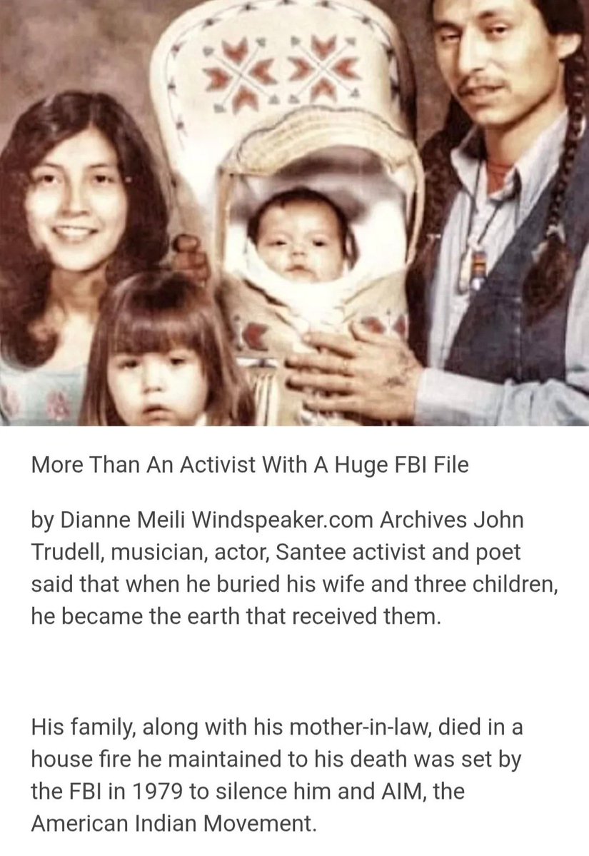 Bdonna456290's tweet image. John Trudell was a Native American who Peter Matthiessen described as 'the most eloquent speaker in the movement' [AIM]. But only hours after burning the flag in symbolic protest, his 🏠 was burned down, killing his pregnant wife &amp;amp; kids.
Pt. 1/3
#nativehistory #history