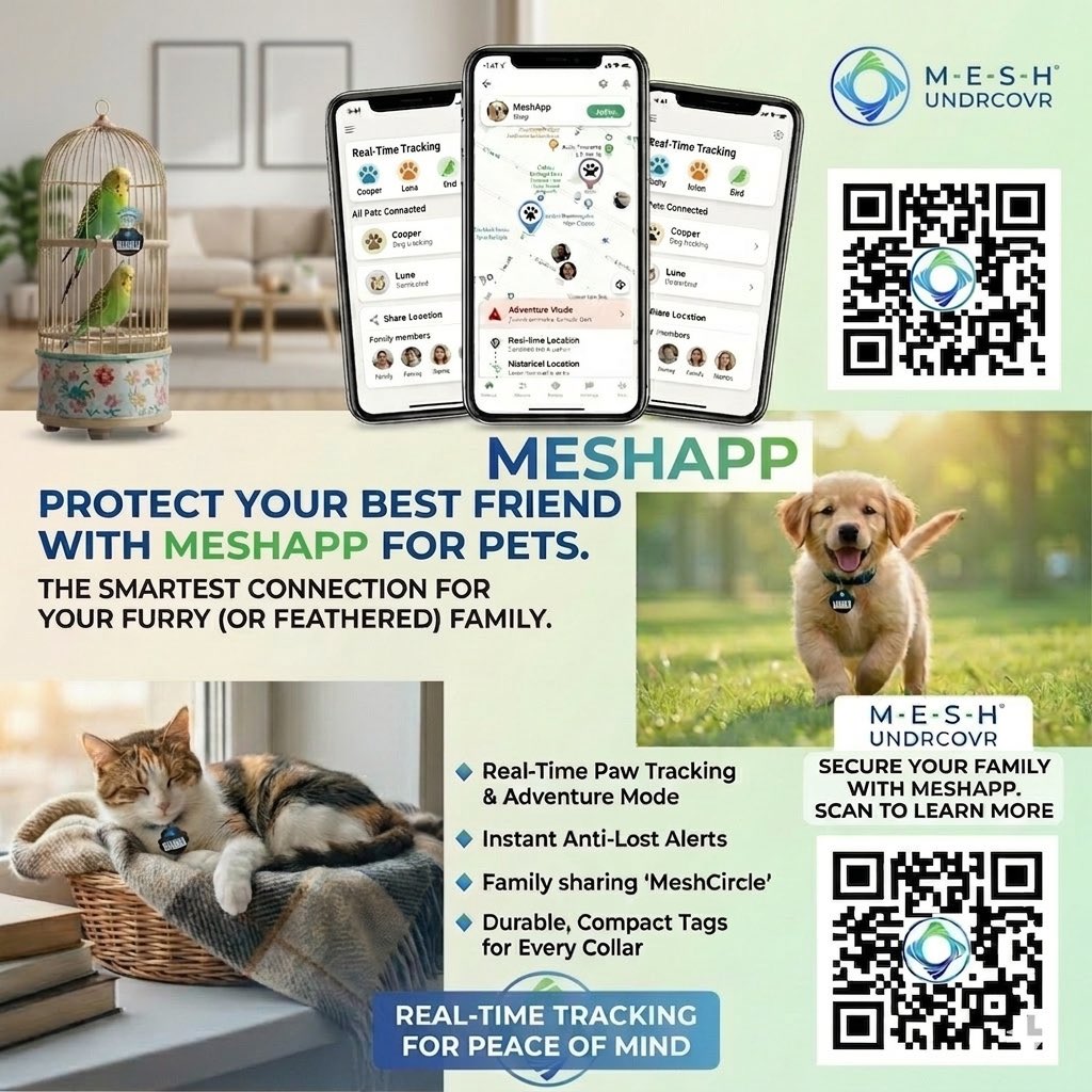 mesh_apps's tweet photo. Your best friend deserves the smartest protection. 🐾🛡️
With #MeshApp, stay connected to your furry (and feathered!) family in real-time. Whether it's a backyard nap or a mountain hike, we've got you covered.

Scan the QR code below to download and secure your pet’s safety today! https://t.co/8oQtf87RtN