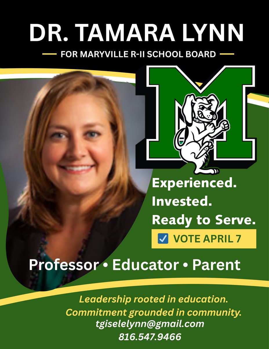 InstructorLynn's tweet photo. As an educator, parent, and long-time Maryville community member, I believe strong schools are built through collaboration, transparency, and support for students, staff, and 
families.

🗳️Vote April 7th 

💚Experienced. Invested. Ready to Serve Maryville. https://t.co/e6uhXU7m06