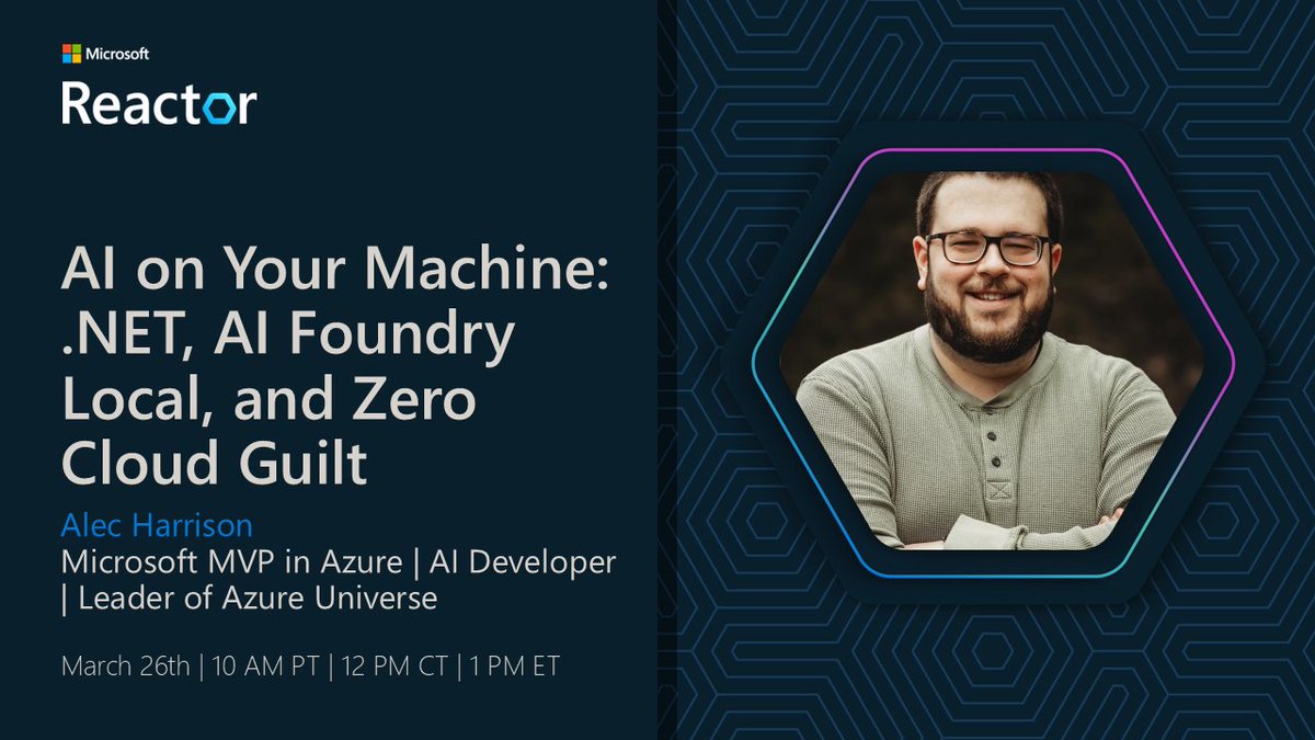 Alec13355's tweet photo. Thrilled to be speaker at @MSFTReactor on March 26th! I'll be discussing AI on Your Machine and its impact on self hosting AI models. Can't wait to see you there! https://t.co/6etEQ4z6bM 
#MicrosoftReactor #TechTalk #AI #FoundryLocal https://t.co/CkpExHdtRI