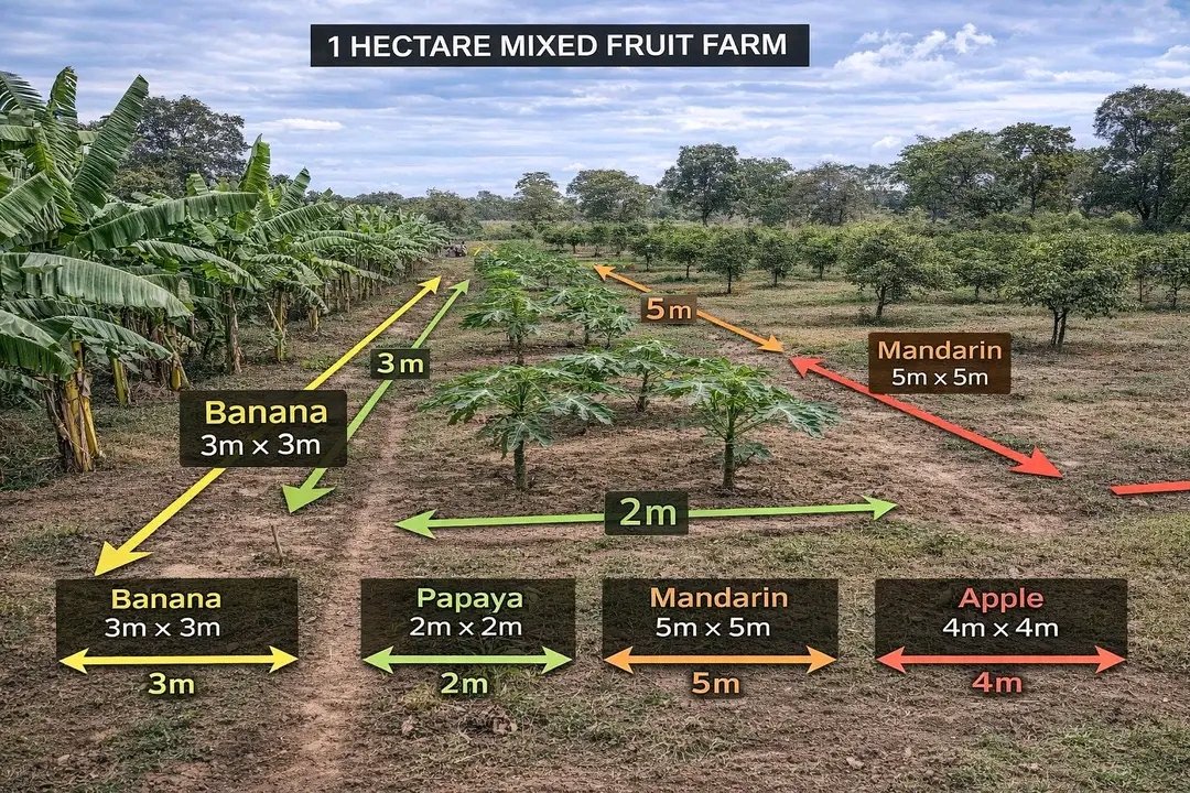 Spacing is a key factor in achieving high yields and healthy plant growth in a mixed fruit system. Each crop requires enough space to access sunlight, nutrients, and water without competition. Bananas should be spaced at 3 meters by 3 meters, papaya at 2 meters by 2 meters,