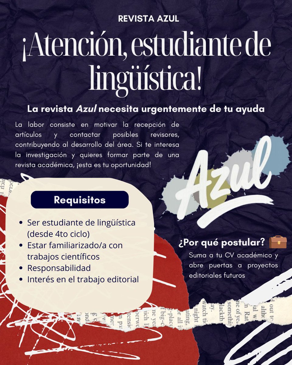 celin_unmsm's tweet photo. 📍 #CelínComunica 
📢¡Revista Azul te necesita!
📝 Buscamos apoyo para:

Motivar recepción de artículos
Contactar revisores
Contribuir al desarrollo del área

💬 ¿Interesado/a? Envíanos DM para más info
#Lingüística #RevistaAzul #UNMSM https://t.co/HXLmAO9vCx