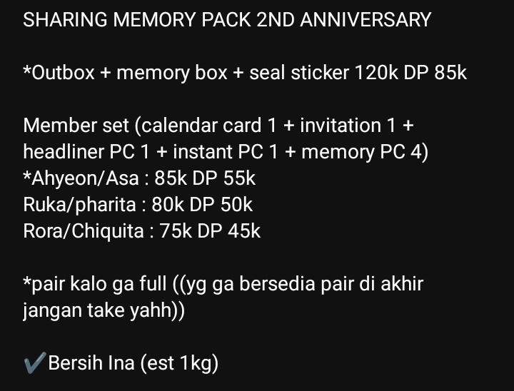 SHARING MEMORY PACK 2ND ANNIVERSARY BABYMONSTER ERA 2

💵: ON PICT

✔️BERSIH INA
✔️GO LINE
❌PACK &amp; ADM 🍊 
📍JKT

DM JUSEYOOO 🫶🏽