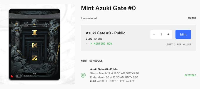 Azuki free mint live 🎴

→ Gate #0 IKZ card
→ Free (just gas)
→ 1 per wallet
→ Ends soon
→ Mint: opensea.io/collection/gat…