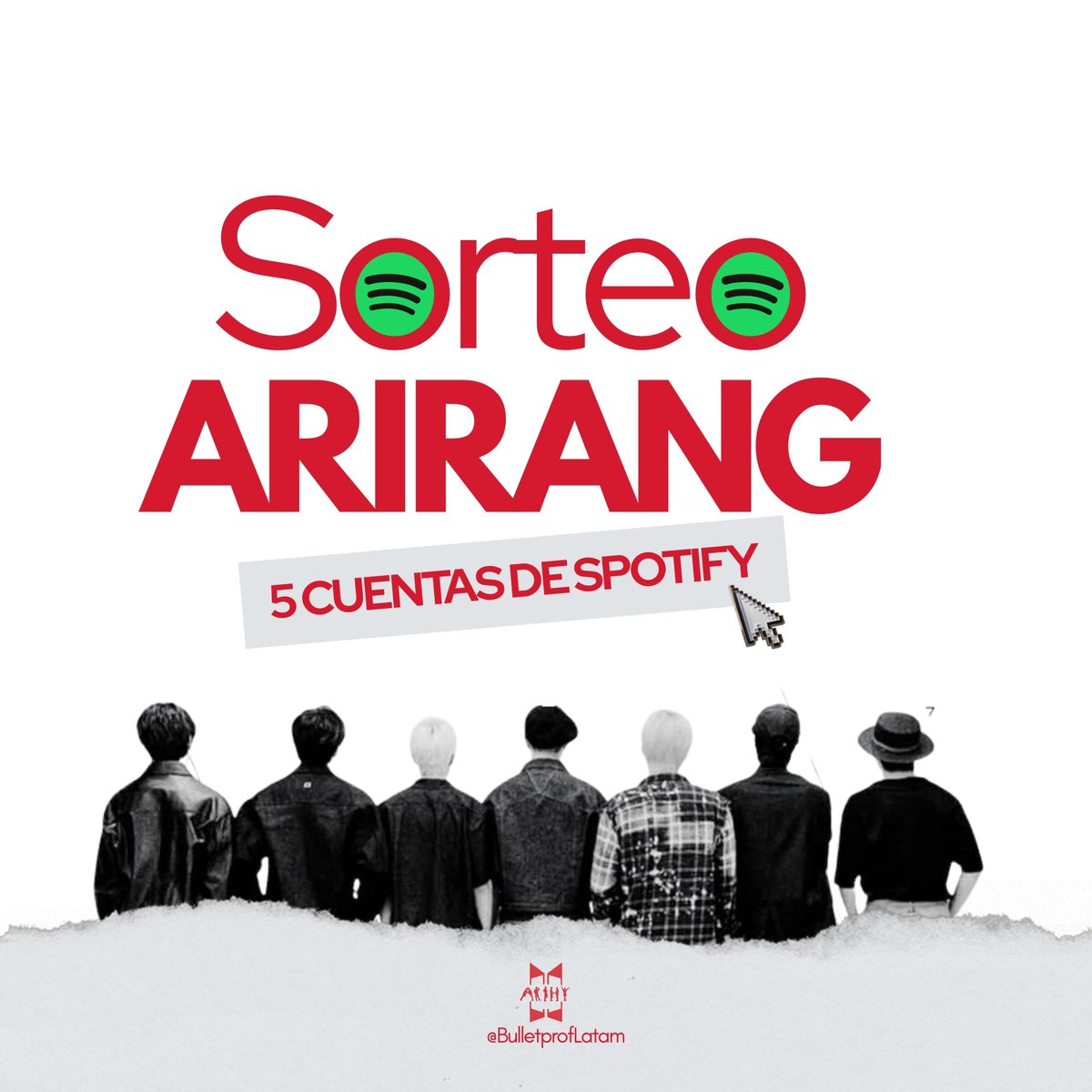 BulletprofLatam's tweet photo. 🎊SORTEO ARIRANG : 5 CUENTAS DE SPOTIFY🎊 (Válido para todo LATAM)

 REQUISITOS:  
✅ Ser only Army 
✅ Link de tu https://t.co/vCGlGXKaa6 en comentarios (Se revisará) 
✅ Captura del pre-save de ARIRANG (+ firma)
✅ Follow + RT

📅 Limite: 19/03 — 9PM (Perú)
 #BTS_ARIRANG https://t.co/E3trvhHAU6