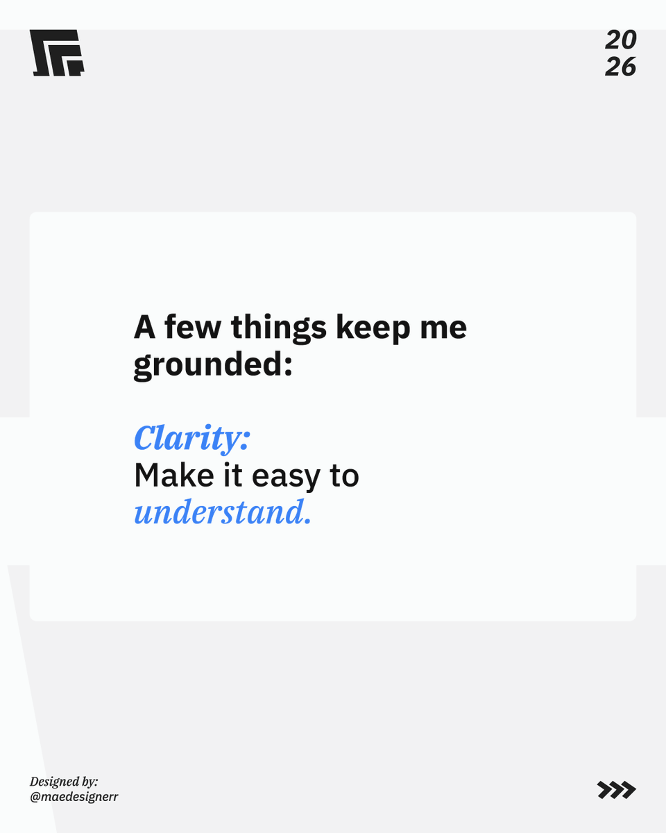MAEDesignerr's tweet photo. I don't have a long list of design principles, but I have a few things I keep coming back to:  Clarity — If the design is confusing, it's not working. Doesn't matter how nice it looks. #design #designer #graphicdesign #graphicdesigner #branding https://t.co/ul4ZD6Cum2