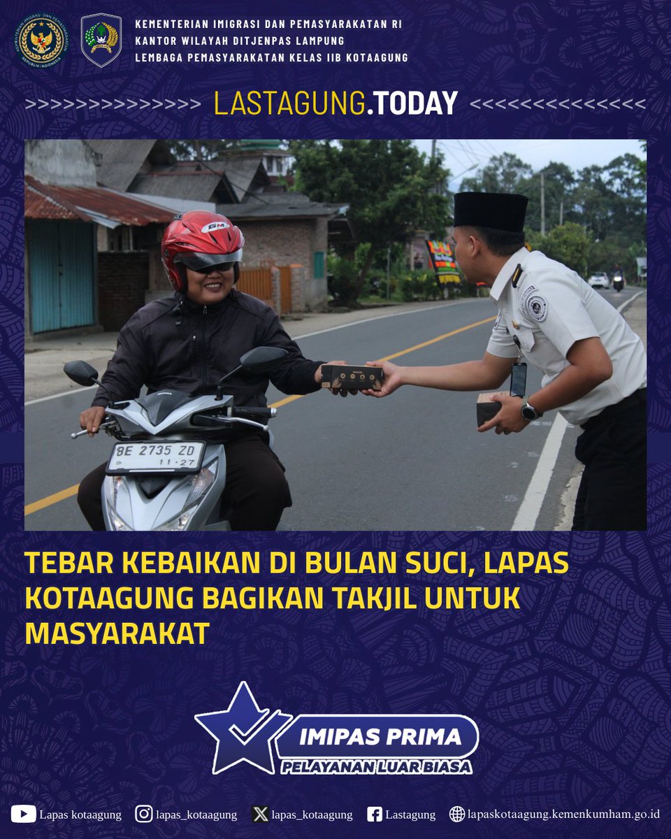 Lapas_kotaagung's tweet image. Berbagi takjil, berbagi kebahagiaan
Lapas Kotaagung bersama DWP hadir di tengah masyarakat, menebar kebaikan di bulan suci Ramada
Semoga penuh berkah

#kemenimipasri 
#pemasyarakatanlampung
#guardandguide #kanwilditjenpaslampung @kemenimipas @rbkunwas
@pemasyarakatanlampung