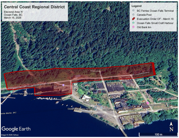 EmergencyInfoBC's tweet photo. The Central Coast Regional District has issued an Evacuation Order for parts of Ocean Falls in Electoral Area A due to landslide hazard risk. Anyone in the impacted area must leave NOW.

The evacuation route is from Fifth Street along Bennet Street, Lewthwaite Street or Marine Drive toward Front Street. Evacuees may request and register for support at the Old Bank Inn, 1 Front Street, Ocean Falls, BC.

More info: https://t.co/vNSAsELouh #BCFlood #BC