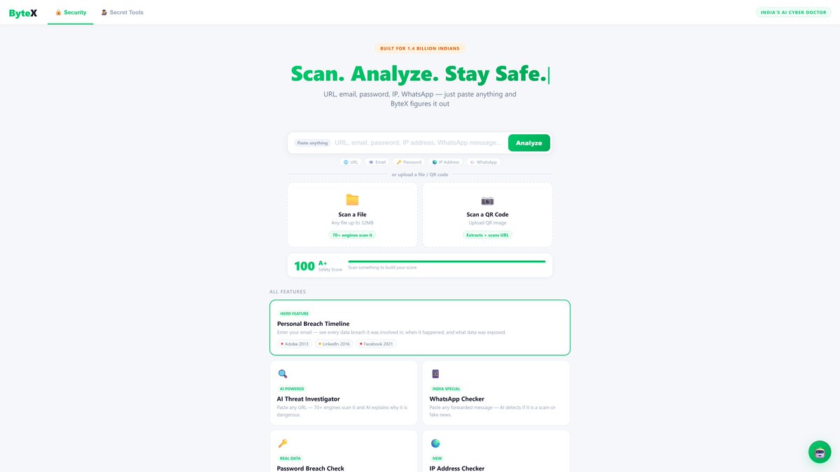 PushkarEz16's tweet photo. Built ByteX v1 🔒 — India's AI cybersecurity tool for normal people.

Just paste anything:
→ URL, email, password, IP, WhatsApp message
→ ByteX figures it out and scans it

Live now 👇
https://t.co/OGvKG8DfBv

What feature should I add next? 🧵

#BuildInIndia #Cybersecurity #AI https://t.co/VR2pe6S75T