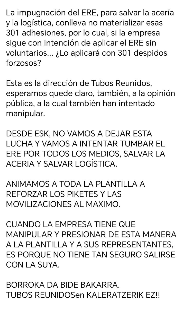 Manipulación, chantaje, extorsión, difamación, son las estrategias de la dirección de Tubos Reunidos.
<a href="/ESKsindikatua/">ESK Sindikatua</a> <a href="/TRBorrokan/">TubosReunidos Borrokan</a> <a href="/aiaraldea/">Aiaraldea.eus</a> <a href="/AiaraldeaGreba/">Aiaraldeko Greba Batzordea</a> <a href="/AlertaIrratia/">Alerta Gorria Irratia</a> <a href="/OskarMatute/">Oskar Matute</a> <a href="/Yolanda_Diaz_/">Yolanda Díaz</a> <a href="/Elenapeba/">Elena Perez Barredo</a>