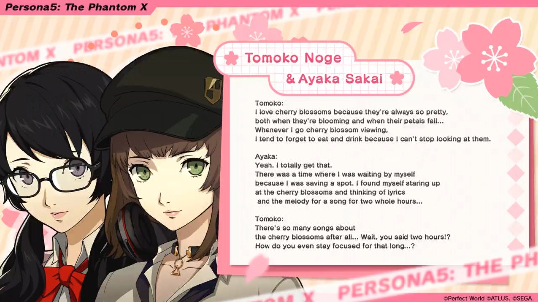 new ayaka sakai dialogue!!!!!! this time she interacts with tomoko noge!!! 🎸🌸🩷

#P5XPerfectCherryBlossom #P5XEN #P5XWest #P5X #AyakaSakai