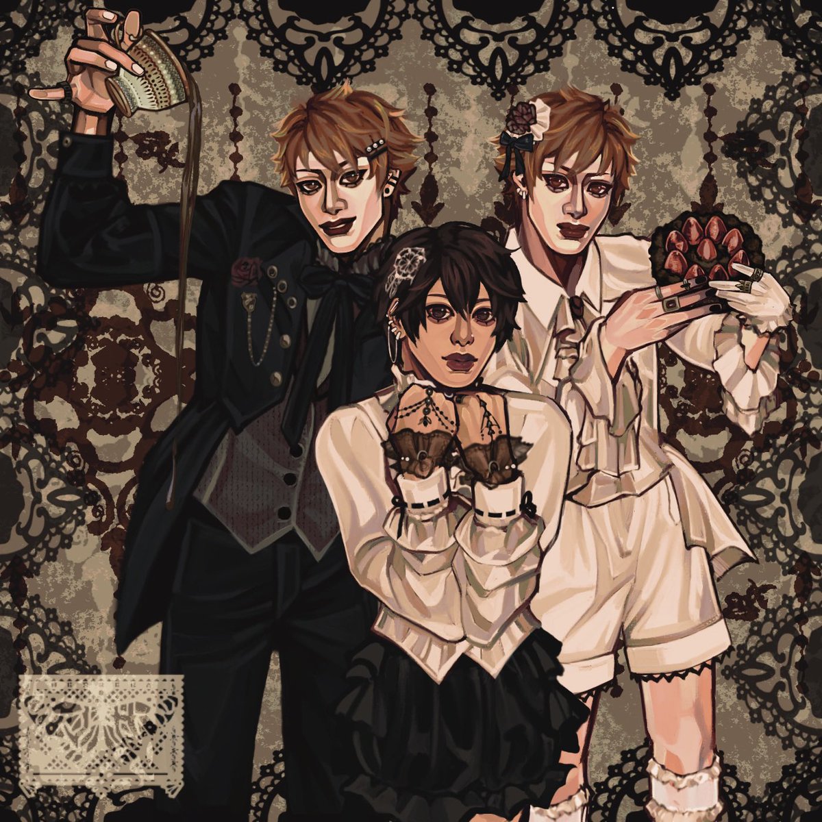 CHR0MEGUTS's tweet photo. “Two lovers is better than one, right?” 🥀

—

Thanks so much @oshicupsleeves for having me as a volunteer artist! 
It was so fun getting to draw my favorite trio from one of my most nostalgic childhood series 🖤🖤

#ouranhighschoolhostclub #OHSHC #藤岡ハルヒ #常陸院光 #常陸院馨 https://t.co/i1TqYhTy1G