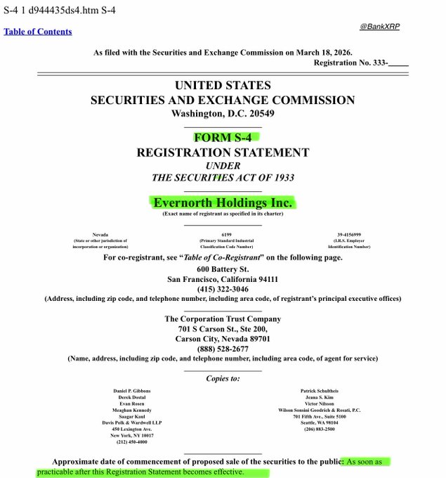 Evernorth stepping into the light.

Form S-4 is where things stop being quiet and start becoming real. From confidential filing to public record, that’s the line you cross when you’re getting ready to move.

A $1B+ XRP treasury vehicle aiming for Nasdaq under $XRPN… that’s not