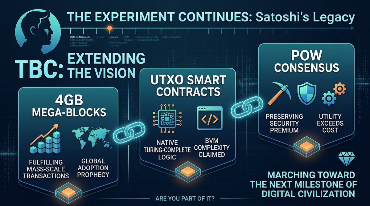 🔬 The Experiment Continues: TBC and the Legacy of Satoshi's Vision

Before vanishing from the internet forever, Satoshi Nakamoto left two sentences that were equal parts farewell and prophecy. 🧵👇

📜 The Words That Defined an Era

"Bitcoin is an experiment. Let's see how it