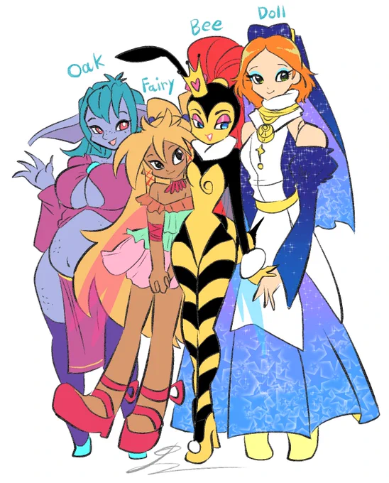 I felt bad for Princess WHN all by herself, so I created three gal pals for her!(Of those, the fairy girl Kish (formerly known as Poppy) and the purple orc Lorelei are my existing original characters.) "Ms. Mimosa," the ball-jointed doll and "Galactic Saint" who's