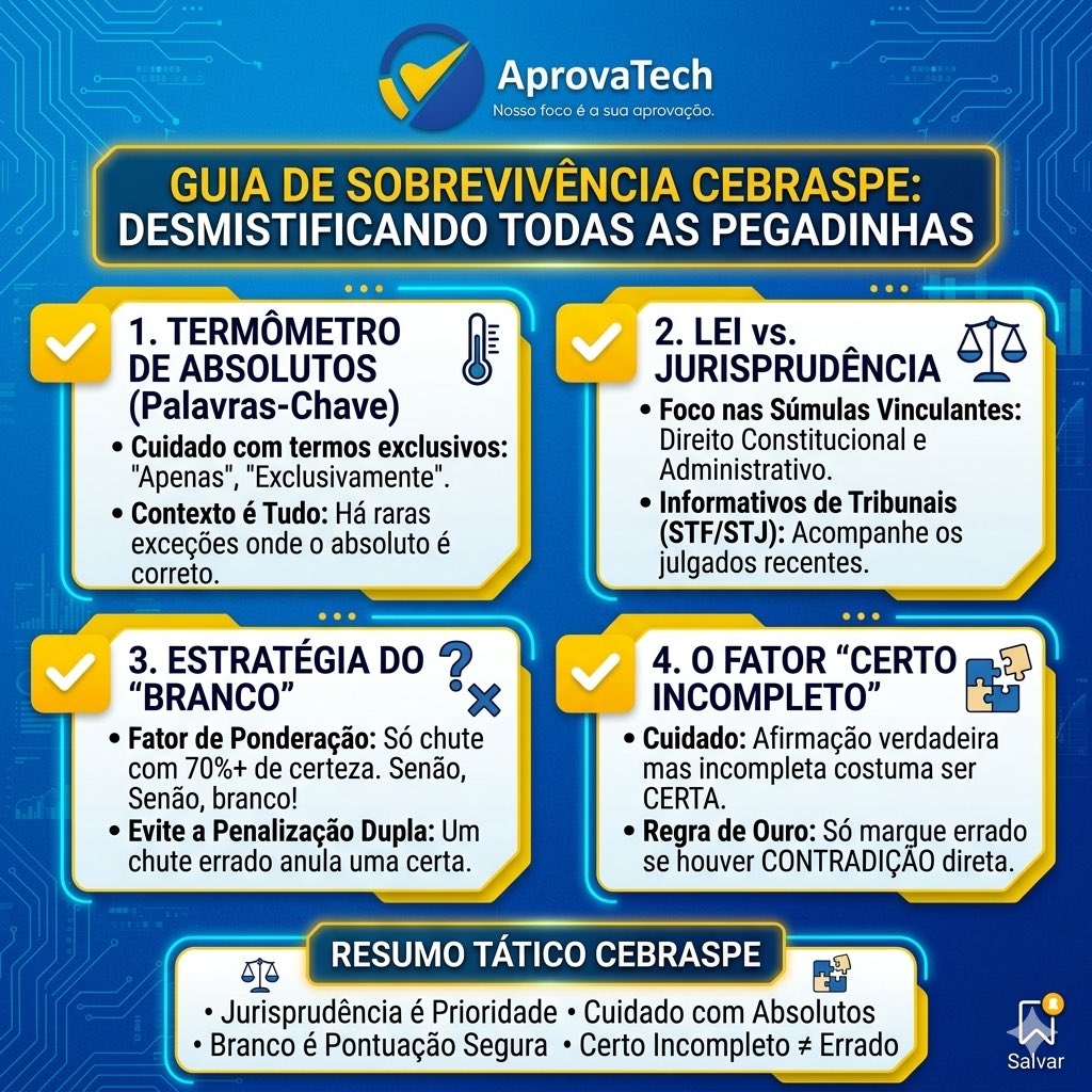 Cebraspe não é sorte. É estratégia. 🎯
Cuidado com absolutos, priorize jurisprudência e saiba quando deixar em branco.
Quem entende o jogo, passa. #prova #cebraspe #banca #concursopublico