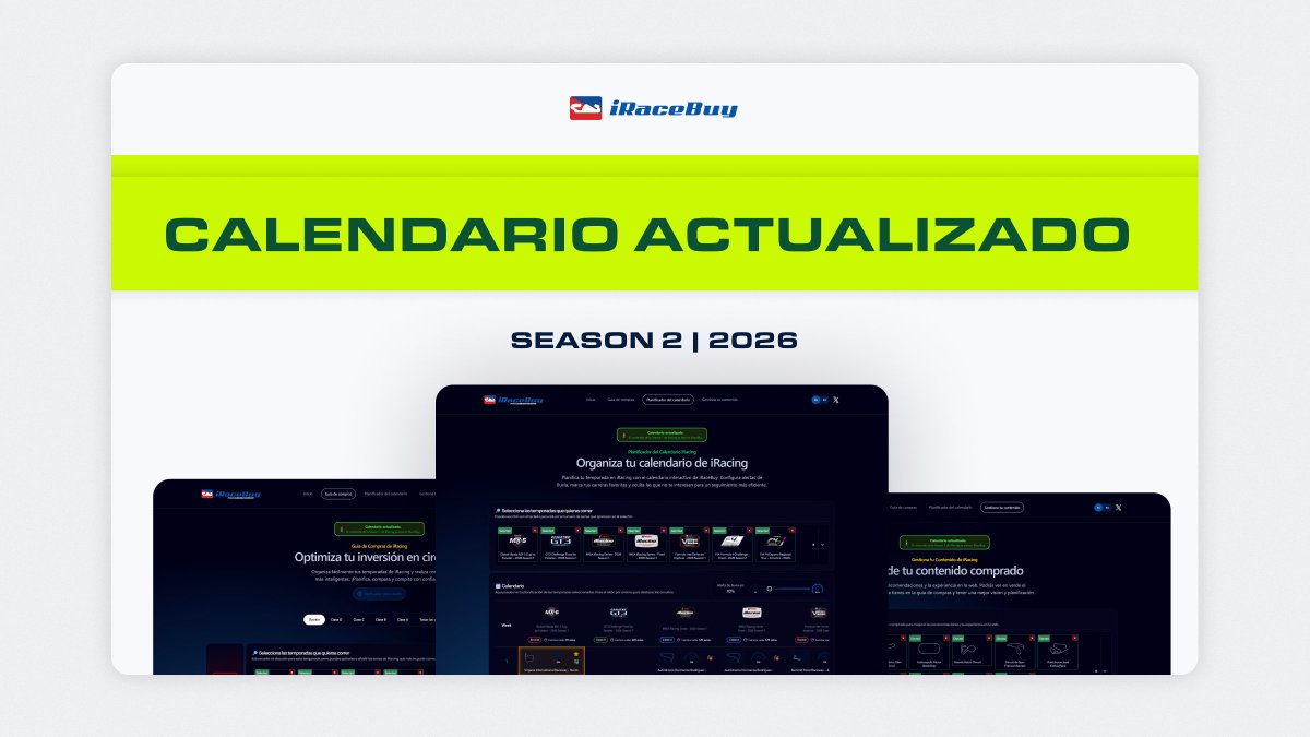 iRaceBuy's tweet photo. ¡Calendario de iRaceBuy ACTUALIZADO! 

🗓️ Prepara tu temporada iRacing gracias al planner. 
💰 Optimiza tus compras con la guía de compras.
🚦 Selecciona tu contenido para una mejor experiencia

Visita: https://t.co/HGYJBcJz4n

#iRacing #iRaceBuy #Simracing https://t.co/uTsnrtGjn9