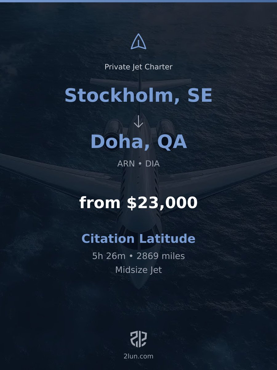 2lunjet's tweet image. 🇸🇪 Stockholm → Doha 🇶🇦
Private Jet Charter

5h 26m | 2869 miles | From $23,000

Book your flight:
2lun.com/route/essa/otbd

#TravelInStyle #EmptyLeg #VIPTravel