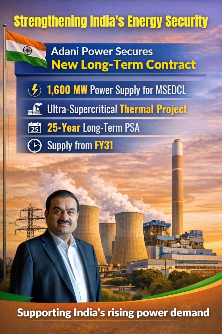 1,600 MW Supply Deal: Adani Power Backs India’s Growing Demand 

#AdaniPower’s 25-year deal with MSEDCL ensures 1,600 MW supply for the future.

With ultra-supercritical technology and FY31 timeline, the project supports long-term energy needs.