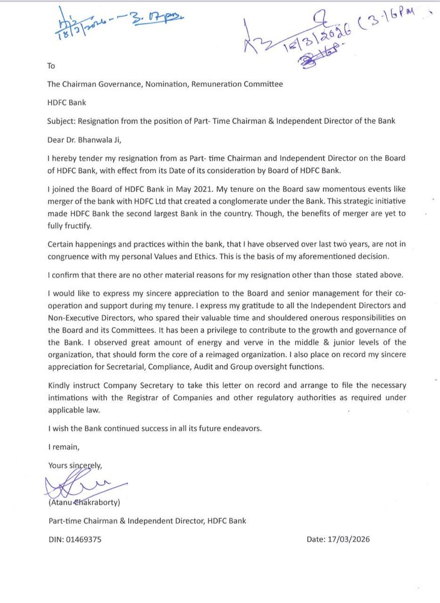 "Certain happenings and practices within the bank, that I have observed over last two years, are not in congruence with my personal Values and Ethics. This is the basis of my aforementioned decision." 

This is a serious concern that deserves attention. People have a right to