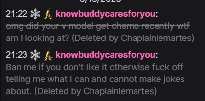 chaplainlemarte's tweet photo. I'm generally a fun loving person, do my best to stay out of things, not post about things or at all, and a light hearted person, but this.. this is gross. Of all the things to pick, the joke is about cancer. and when a mod says to not make those jokes, that's the retort? Gross. https://t.co/bCcrA8WI7Z