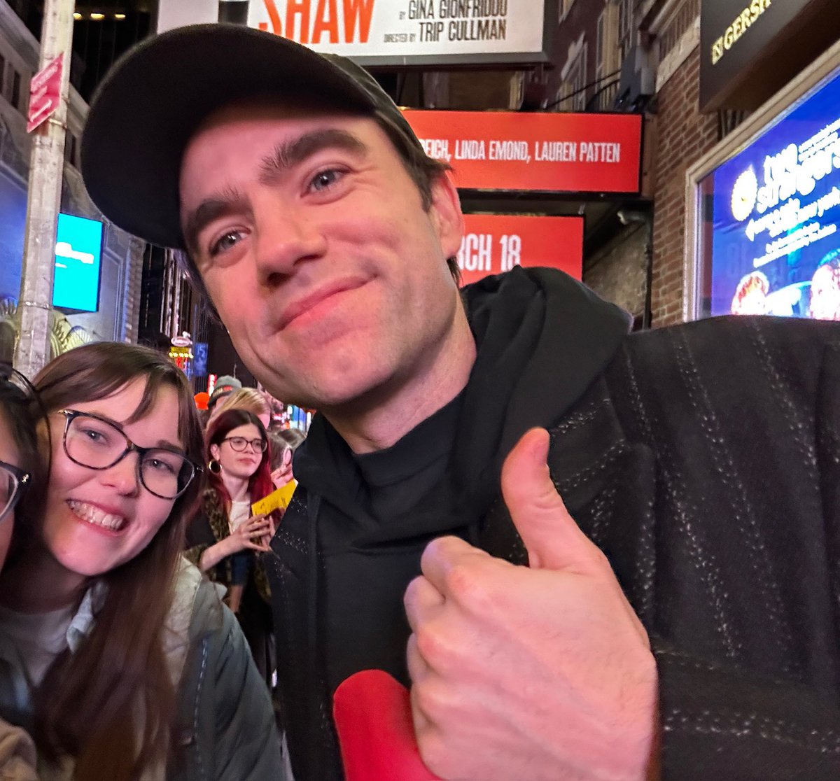 Patrick Ball gives a little thumbs up at the ‘Becky Shaw’ stagedoor tonight.